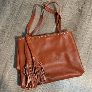 LAGGO Remy Cognac Tan Leather Studded Tassel Tote Bag